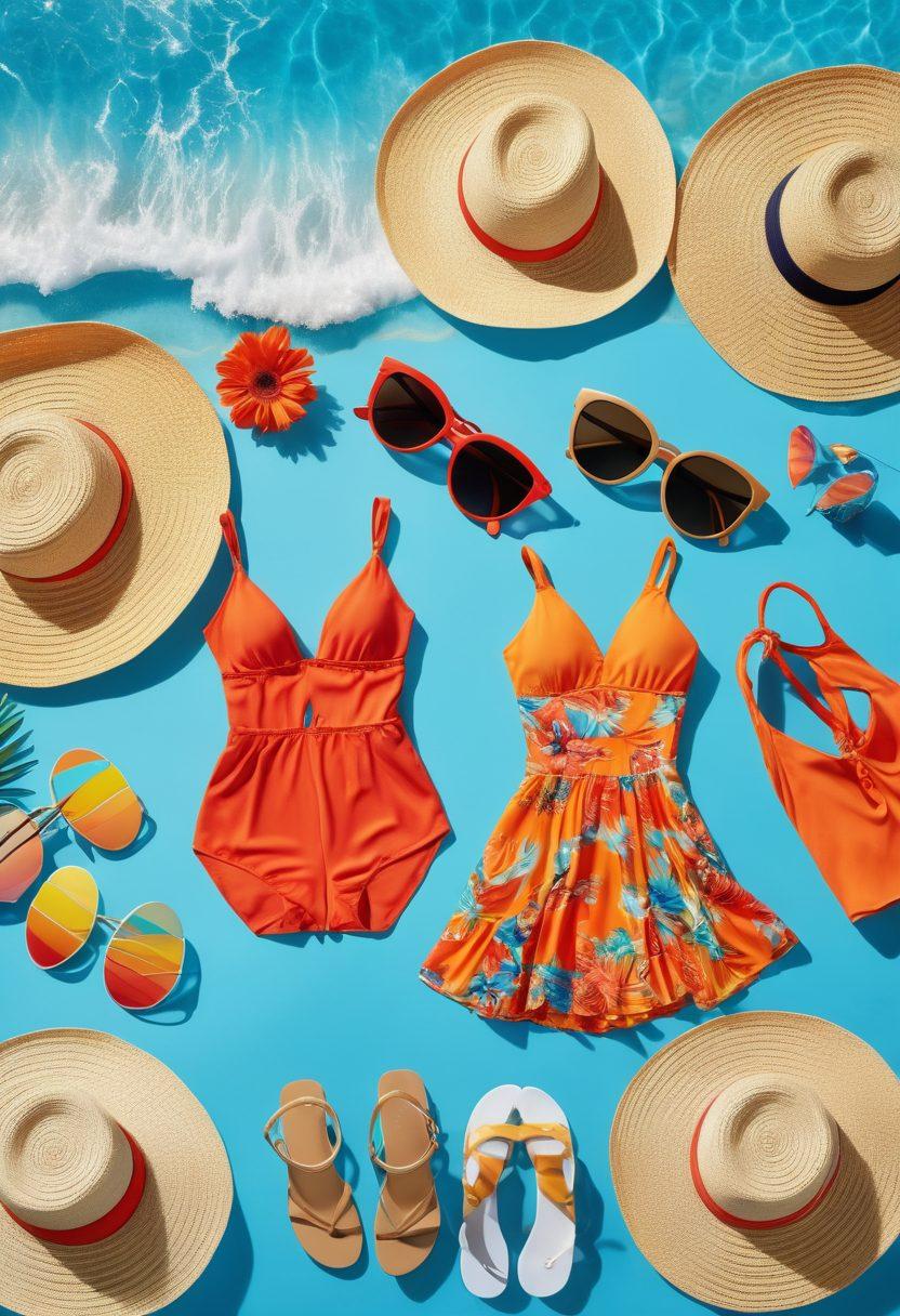 A vibrant collage showcasing a variety of summer fashion items including colorful bikinis, flowing sundresses, and stylish sandals. The background features a sunny beach setting with a clear blue sky and gentle waves, creating a warm and inviting atmosphere. Add playful accessories like wide-brimmed hats and sunglasses to enhance the summer vibe. The composition should create a sense of excitement and anticipation for summer fashion. vibrant colors. beach scenery. 3D.