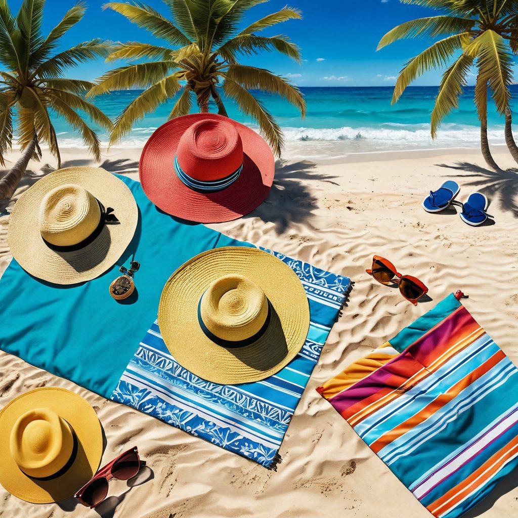A trendy beach scene featuring stylish summer outfits, including a wide-brimmed sun hat, vibrant swimsuits, and a colorful sarong. In the background, showcase a sunny beach with turquoise waves, loungers, and palm trees. Include accessories like sunglasses, beach bags, and flip-flops laid out on a sandy beach towel. Emphasize a lively atmosphere with people enjoying the sun and surf. vibrant colors. super-realistic. summer vibes.